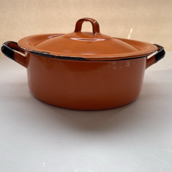 Huta Silesia Pan Lid Enamelware Orange Poland 18 Farmhouse Camping MCM Vintage - Picture 3 of 16